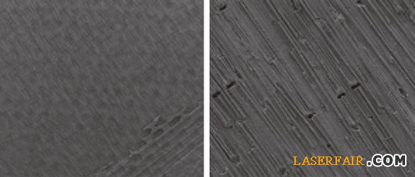 圖5、激光微加工復合材料表面，速度為250毫米/秒，輔助氣體為二氧化碳（左圖為放大50倍，右圖為放大500倍）。