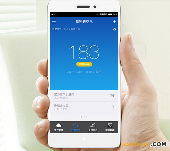 近來(lái)，360也推出了自己的空氣檢測(cè)設(shè)備，通過(guò)激光的方式檢測(cè)PM2.5顆粒。據(jù)悉極光可分辨比PM2.5小8倍的微小粒子，幫你看見(jiàn)霧霾，而普通凈化器所用的紅外光傳感器只能分辨比PM2.5大4倍以上的沙塵（PM10）。而這款設(shè)備采用激光器、300納米精度，獨(dú)有顆粒技術(shù)算法和標(biāo)定工藝，將萬(wàn)元工業(yè)檢測(cè)設(shè)備的原理專(zhuān)為民用。