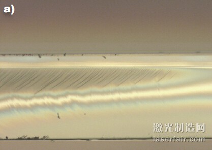 微分干涉相差顯微鏡下的0.77mm厚康寧 CT24玻璃的橫截面。使用CO2碳激光器 （約10&mu;m）（a）切割的部件顯示了剩余應(yīng) 力，而使用CO激光器（約5&mu;m）（b）切割 的部件則無(wú)缺陷。