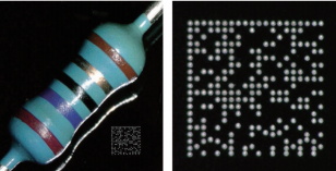 圖 1. 在面向移動設備市場的陶瓷蓋部件上打標的 20 x 20 點數據矩 陣，總矩陣尺寸為 900 x 900 μm