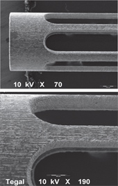 在低倍和高倍掃描式電子顯微鏡下，經(jīng)Smart Light MD加工的鎳鈦合金支架的圖像