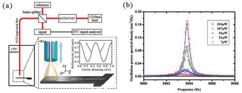 圖（a）實(shí)驗(yàn)原理圖；（b）激光冷卻懸臂梁的振動噪聲譜。